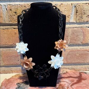 Vintage-Inspired Dahlia Floral Black, White & Brown-Orange Necklace -NWOT